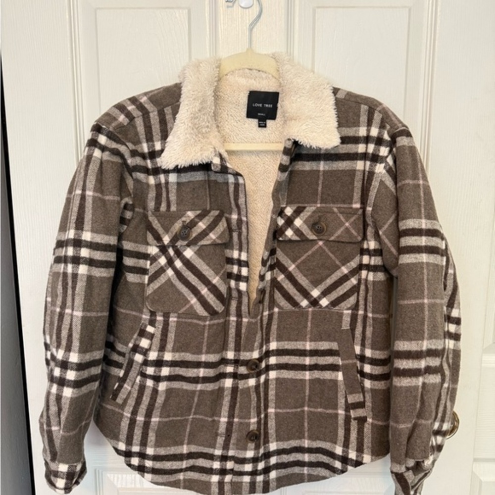 Love Tree Women's Checkered Teddy Jacket - Brown and Cream